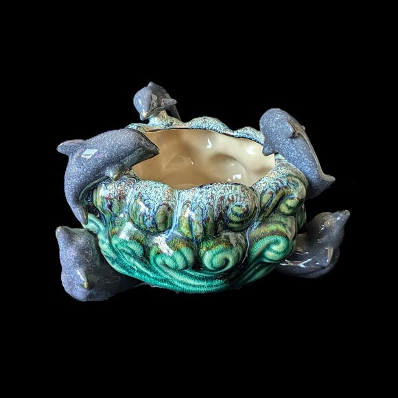 Dolphin Ceramic Vintage Majolica Cachepot GUC* - Picture 2 of 7